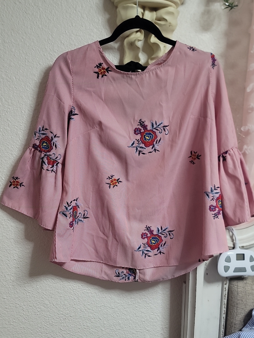 Nine West Red Embroidered Floral Bell Sleeve Blouse